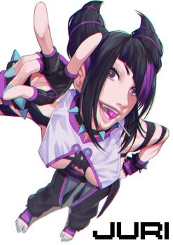  1girl artist_name blue_nails bracelet breasts candy commentary fingerless_gloves food from_above gloves greek_toe hair_horns han_juri highres jewelry lollipop multicolored_hair shinku_p solo spiked_anklet spiked_bracelet spikes street_fighter street_fighter_6 toes two-tone_hair v white_background 