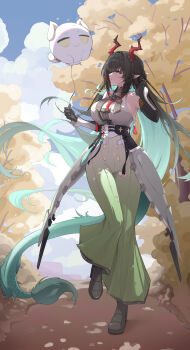  1girl absurdres arknights arknights:_endfield balloon bare_shoulders black_gloves black_hair commentary_request dragon_girl dragon_horns dragon_tail eastern_dragon_horns eastern_dragon_tail eyeshadow full_body gloves gradient_hair green_eyes green_hair hair_between_eyes highres holding holding_balloon horns long_hair looking_to_the_side makeup multicolored_hair pointy_ears red_hair red_horns solo tail user_jenv8534 very_long_hair zhuang_fangyi_(arknights) 