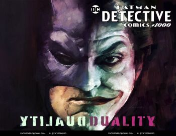  1boy abstract_background absurdres artist_name backwards_text batman batman_(series) black_background bodysuit bruce_wayne close-up clown comic_cover company_logo cowl dc_comics email_address english_text facepaint green_hair grey_bodysuit hair_dye highres instagram_username juxtaposition logo looking_at_viewer makeup male_focus mask polar_opposites portrait short_hair signature smile social_media_composition split_screen stitched superhero_costume symmetry taut_bodysuit the_joker third-party_edit viktor_farro western_comics_(style) white_facepaint 