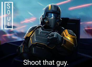  1other armor artist_name black_gloves blue_sky bulletproof_vest cape commentary english_commentary english_text gloves helldiver_(helldivers) helldivers_(series) helmet highres looking_at_viewer meme military_vehicle motor_vehicle pauldrons pointing pointing_at_viewer shoot_that_guy_(meme) shoulder_armor skull sky soul_ant19 tank td-220_bastion 