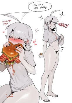  1girl :/ afterimage ahoge ahoge_wag bare_legs barefoot blush breasts burger closed_mouth clothes_lift commentary cross-shaped_pupils dirty dirty_clothes ear_blush eating english_text expressive_hair feet food food_on_body foodgasm full_body half-closed_eye heart highleg highleg_panties highres holding holding_burger holding_food huge_ahoge lifting_own_clothes looking_at_viewer menchi_(radon86_nya) multiple_views nail_polish navel no_pants notice_lines one_eye_closed original panties partially_colored radon86_nya shirt shirt_lift short_hair short_sleeves sitting small_breasts small_sweatdrop speech_bubble standing string_panties symbol-shaped_pupils t-shirt toenail_polish toenails toes underwear 