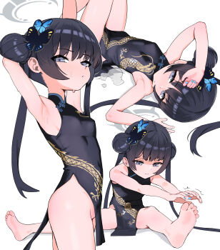  1girl absurdres arm_behind_head armpits barefoot black_dress black_hair blue_archive blue_nails breasts butterfly_hair_ornament china_dress chinese_clothes closed_mouth cokeanut10 double_bun dragon_print dress feet fingernails grey_eyes hair_bun hair_ornament halo highres kisaki_(blue_archive) legs long_hair looking_at_viewer lying multiple_views nail_polish nipples no_panties on_back pelvic_curtain simple_background sitting small_breasts soles standing stretching toes twintails white_background  rating:Questionable score:90 user:danbooru