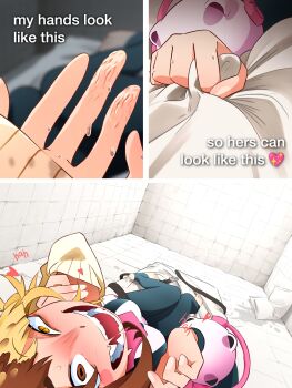 1girl absurdres after_masturbation bed bed_sheet black_bodysuit blonde_hair blush bodysuit boku_no_hero_academia breasts brown_hair buckle crazy crazy_eyes dual_person english_text feet hero_outfit_(mha) heterochromia highres implied_masturbation imposter khyle. large_breasts laughing multicolored_bodysuit open_mouth padded_cell pillow pink_bodysuit pussy_juice sharp_teeth smile stretcher suggestive_fluid superhero_costume superheroine_costume sweat sweater teeth toeless_legwear toga_himiko transformation uraraka_ochako uraraka_ochako_(hero_outfit) wet wet_clothes white_bodysuit wrinkled_skin yandere_trance