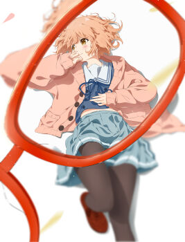  1girl absurdres akr_(user_ecsy8782) black_pantyhose blue_ribbon blue_shirt brown_eyes brown_shoes buttons cardigan closed_mouth covering_own_mouth eyewear_view foot_out_of_frame glasses grey_skirt hand_on_own_stomach hand_over_own_mouth highres kuriyama_mirai kyoukai_no_kanata long_sleeves looking_to_the_side lying neck_ribbon on_back open_cardigan open_clothes pantyhose pink_cardigan pink_hair pleated_skirt red-framed_eyewear ribbon sailor_collar school_uniform shirt shoes short_hair simple_background skirt sleeves_past_wrists solo unbuttoned unworn_eyewear white_background white_sailor_collar 