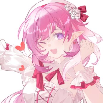  1girl ;o aci beret bird breasts chinese_commentary commentary_request diamond-shaped_pupils diamond_(shape) dove earrings elf elysia_(hi_love_elf)_(honkai_impact) elysia_(honkai_impact) hat heart heart_earrings highres honkai_(series) honkai_impact_3rd jewelry large_breasts long_hair looking_at_viewer multicolored_hair one_eye_closed open_mouth pink_hair pointy_ears purple_eyes scrunchie simple_background smile solo symbol-shaped_pupils two-tone_hair upper_body very_long_hair white_background white_hair wrist_scrunchie 