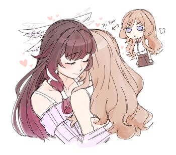  !? 2girls alternate_costume bare_shoulders black_hair blue_eyes blush bra_strap breasts brown_hair button_up_skirt closed_eyes closed_mouth collared_shirt columbina_(genshin_impact) commentary dashingicecream dress english_commentary english_text genshin_impact hair_down hair_ornament hair_ribbon hands_on_another's_back head_wings heart huffing hug long_hair long_sidelocks long_sleeves multicolored_hair multiple_girls multiple_wings off-shoulder_sweater off_shoulder purple_hair purple_streaks ribbon sandrone_(genshin_impact) shirt sidelocks simple_background skirt sleeveless sleeveless_shirt smile streaked_hair sweater triangle_mouth two-tone_hair very_long_hair white_background white_shirt white_wings wing_flapping wing_hair_ornament wings yuri 