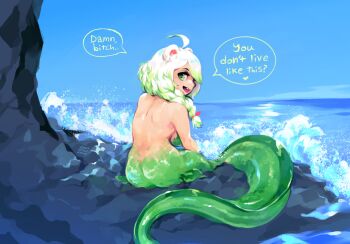  1girl ahoge animal_ears artist_name ass back bare_back bare_shoulders bestfriendforever blue_sky braid breasts clear_sky damn_bitch_you_live_like_this?_(meme) eyeshadow fang ferret ferret_ears ferret_girl fins fish_tail gradient_hair green_eyes green_eyeshadow green_hair green_tail hair_between_eyes heart highres indie_virtual_youtuber laimu_(vtuber) long_hair looking_at_viewer looking_back makeup medium_breasts meme mermaid monster_girl multicolored_hair nude ocean rock signature sky speech_bubble tail two-tone_hair vinesauce virtual_youtuber water waves white_hair  rating:Questionable score:18 user:danbooru
