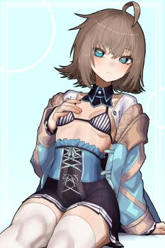  1girl absurdres ahoge arm_support bikini bikini_top_only black_skirt blue_background blue_eyes blue_jacket breasts brown_hair character_request closed_mouth commentary_request copyright_request corset detached_collar ekrea_jan expressionless feet_out_of_frame garter_straps hair_between_eyes hand_on_own_chest high-waist_skirt highres jacket long_sleeves looking_at_viewer open_clothes open_jacket quilted_jacket short_hair sitting skirt small_breasts solo striped_bikini striped_clothes swimsuit thighhighs vertical-striped_bikini vertical-striped_clothes white_thighhighs 