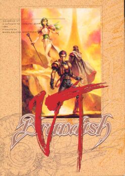  1990s_(style) 1996 1girl 2boys armor braid brandish_(video_game) brandish_vt clare_(brandish) company_name copyright_name dated dee_(brandish) english_text engrish_text falcom green_hair long_skirt looking_at_viewer multicolored_hair multiple_boys outdoors pauldrons pointy_ears quien ranguage retro_artstyle shoulder_armor side_braids skirt staff suemi_jun traditional_media two-tone_hair whip 