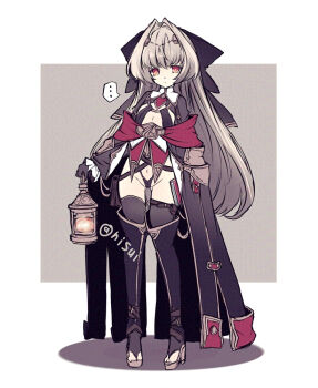  ... 1girl black_boots black_dress black_leotard black_thighhighs black_veil boots brown_hair closed_mouth commentary_request dot_mouth dress expressionless eyebrows_hidden_by_hair flat_chest full_body groin hair_intakes hisui_(syarute) holding holding_lantern lantern leotard long_hair looking_at_viewer navel open-toe_boots orange_eyes original red_eyes shadow solo spoken_ellipsis thigh_boots thighhighs veil very_long_hair 