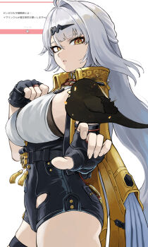  1girl absurdres ahoge asymmetrical_gloves bird bird_on_hand black_bird black_gloves black_thighhighs black_unitard breasts elbow_gloves fengling_(furin-jp) fingerless_gloves gloves grey_hair haicma_(pgr) hair_ornament high-waist_shorts highres jacket large_breasts long_hair long_sleeves looking_at_viewer marshmallow_(site) open_clothes open_jacket parted_lips shirt shorts simple_background single_elbow_glove single_thighhigh solo thighhighs thighs uneven_gloves very_long_hair white_background white_hair yellow_eyes yellow_jacket yixuan_(zenless_zone_zero) zenless_zone_zero 