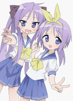  2girls :d black_bow blue_eyes blue_sailor_collar blue_skirt blush bow bow_hairband commentary_request cowboy_shot dutch_angle hair_bow hairband highres hiiragi_kagami hiiragi_tsukasa holding_hands long_hair looking_at_viewer lucky_star medium_hair midriff multiple_girls navel open_mouth pleated_skirt purple_hair ryouou_school_uniform sailor_collar school_uniform serafuku shirt short_sleeves sidelocks simple_background skirt smile sugidoritos thighs twintails v very_long_hair wavy_mouth white_background white_shirt yellow_bow yellow_hairband 