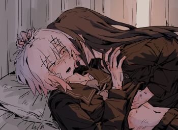  2girls ;o bandaid bandaid_on_arm bandaid_on_face bandaid_on_hand bandaid_on_neck bandaid_on_shoulder bite_mark bite_mark_on_neck black_hair blush chinese_commentary grabbing_another's_hair gradient_hair hair_ornament hand_blush hand_on_another's_stomach highres holding_another's_hair indoors long_hair long_sleeves mahou_shoujo_no_majo_saiban midriff multicolored_hair multiple_girls navel nikaido_hiro on_bed one_eye_closed open_mouth pillow red_eyes sakaki_(auras_beichny) sakuraba_ema school_uniform short_hair sweat white_hair wince yuri 