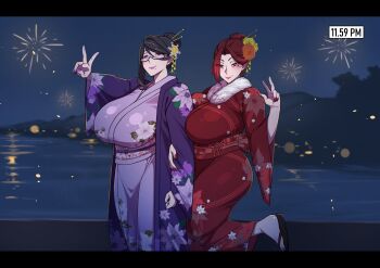  2girls black_hair blush breasts fireworks floral_print floral_print_kimono flower glasses hair_bun hair_flower hair_ornament hair_stick hair_up huge_breasts japanese_clothes kimono leg_up mana_(yonda545) mature_female mole mole_under_eye mole_under_mouth multiple_girls night night_sky obi original outdoors pink_eyes pink_lips pink_nails plump print_kimono purple_kimono red_eyes red_hair red_kimono red_lips red_nails ruby_(yonda545) sandals sash semi-rimless_eyewear sky smile standing under-rim_eyewear v w yonda545 