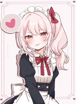  1other akiyama_mizuki alternate_costume apron back_bow black_dress blush bow bowtie breasts buttons closed_mouth collared_dress double-parted_bangs dress drill_hair drop_shadow enmaided frilled_apron frills hair_between_eyes hair_bow headdress heart high_side_ponytail highres inset_border juliet_sleeves long_hair long_sleeves looking_at_viewer maid maid_apron maid_headdress outline pink_background pink_eyes pink_hair project_sekai puffy_sleeves red_bow red_bowtie side_drill side_ponytail simple_background small_breasts smile solo spoken_heart tongue tongue_out uozakana upper_body v-shaped_eyebrows white_apron white_bow white_headdress white_outline  rating:General score:4 user:danbooru