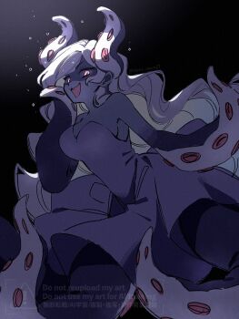  1girl :d air_bubble arm_at_side bare_shoulders breasts bubble cleavage colored_skin commentary dress english_commentary fangs film_grain frilled_dress frills from_below full_body glowing glowing_eyes grey_skin hand_on_own_cheek hand_on_own_face hand_up highres long_hair looking_at_viewer looking_down medium_breasts medium_dress molly_(omori) monster_girl neko_maro27 omori open_mouth pink_eyes purple_dress scylla sideboob simple_background skin_fangs smile solo strapless strapless_dress suction_cups tentacle_arm tentacle_hair tentacles tongue twitter_username underwater v-shaped_eyebrows very_long_hair watermark wavy_hair white_hair 