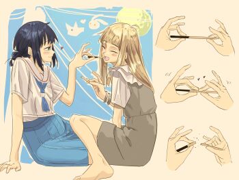  2girls ahoge anjuro_zeeku barefoot black_hair blonde_hair blue_neckerchief blue_skirt blush bracelet cho_kaguya-hime! closed_eyes commentary dress feeding food fox_shadow_puppet green_eyes grey_dress hair_bun heart highres jewelry kaguya_(cho_kaguya-hime!) logo multiple_girls neckerchief open_mouth pinafore_dress pleated_skirt pocky sailor_collar sakayori_iroha school_uniform serafuku short_hair short_sleeves sidelocks single_hair_bun skirt sleeveless sleeveless_dress white_sailor_collar yuri 