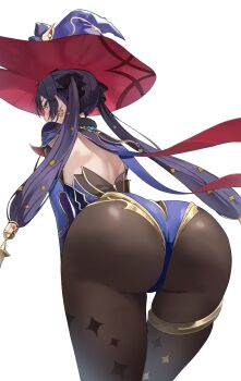 1girl ass ass_focus cape clay_pool detached_sleeves from_behind genshin_impact gold_thighlet green_eyes hair_ornament hair_ribbon hat highres huge_ass jewelry leaning leaning_forward leotard long_hair looking_at_viewer looking_back mona_(genshin_impact) pantyhose purple_hair ribbon solo thighlet twintails very_long_hair rating:Sensitive score:27 user:armorcrystal