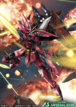 aegis_gundam blitz_gundam card_(medium) commentary_request copyright_name energy_sword explosion glowing glowing_eyes green_eyes gundam gundam_arsenal_base gundam_seed holding holding_weapon mecha mobile_suit no_humans official_art robot science_fiction shield sword tomo_(machinemess) v-fin weapon 