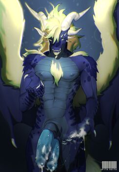 1boy :d absurdres blonde_hair blue_penis brown_eyes claws commentary completely_nude cowboy_shot cum dragon_boy dragon_horns dragon_wings extra_penises furry furry_male highres horns navel nipples nude open_mouth original pita-potato smile solo teeth wings 