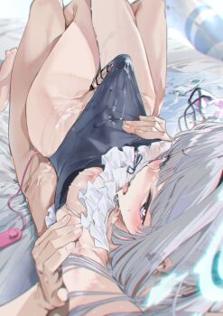  1boy 1girl bar_censor blue_archive blue_halo blue_one-piece_swimsuit blush bow breasts breasts_out casual_one-piece_swimsuit censored commentary_request cum cum_on_body cum_on_clothes ejaculation_under_clothes frilled_one-piece_swimsuit frills halo heart heart-shaped_pupils highres kurotsuki_machi long_hair looking_at_viewer lying miyako_(blue_archive) miyako_(swimsuit)_(blue_archive) nipples off-shoulder_one-piece_swimsuit off_shoulder official_alternate_costume on_back one-piece_swimsuit penis_in_swimsuit penis_under_another's_clothes purple_eyes saliva sweat swimsuit symbol-shaped_pupils white_hair 