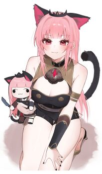  1girl :3 animal_ears black_dress black_tiara blush breasts chibi cleavage detached_sleeves dress highres holding hololive hololive_english jewelry large_breasts long_hair looking_at_viewer mori_calliope mori_calliope_(1st_costume) pink_hair red_eyes simple_background single_detached_sleeve smile smol_calli solo tiara virtual_youtuber weird_cat_(mori_calliope) yufu 