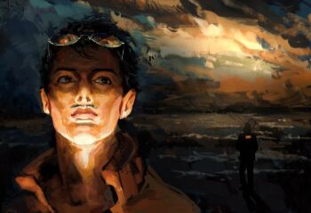  2boys beach black_hair bomber_jacket brown_eyes brown_hair cloud cloudy_sky disco_elysium expressionless eyewear_on_head facial_hair full_body glasses green_jacket harry_du_bois highres horizon jacket kim_kitsuragi lockwqq looking_to_the_side male_focus multiple_boys mustache_stubble orange_jacket popped_collar shore short_hair sky standing stubble sunset surf underlighting 