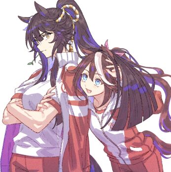  2girls animal_ears bandaid bandaid_on_face bandaid_on_nose black_hair blue_eyes bow breasts brown_hair closed_mouth crossed_arms ear_ornament ear_ribbon gym_shirt hair_between_eyes high_ponytail highres horse_ears horse_girl horse_tail jacket jacket_on_shoulders jagaimobeniko long_hair long_sleeves medium_breasts mouth_hold multicolored_hair multiple_girls narita_brian_(umamusume) open_mouth pants ponytail red_jacket red_pants red_track_suit rope shimenawa shirt short_sleeves smile stalk_in_mouth streaked_hair tail tokai_teio_(umamusume) tracen_training_uniform track_jacket track_pants track_suit two-tone_hair umamusume white_hair white_shirt yellow_eyes 