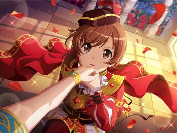  2girls aijou_karen bracelet brown_eyes brown_hair brown_hat cape cosplay dutch_angle falling_petals frilled_sleeves frills game_cg hat holding_another's_wrist indoors jacket jewelry kneeling long_sleeves looking_at_viewer multiple_girls official_art parted_lips petals pov pov_hands puffy_long_sleeves puffy_sleeves red_cape red_jacket romeo_and_juliet romeo_montague romeo_montague_(cosplay) short_hair shoujo_kageki_revue_starlight shoujo_kageki_revue_starlight_-re_live- solo_focus sunlight upper_body 