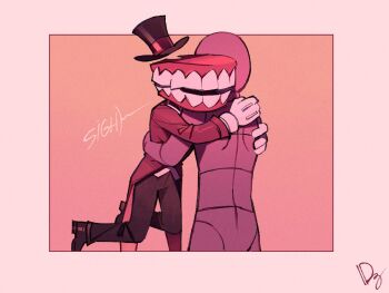  2boys black_pants black_shoes caine_(the_amazing_digital_circus) english_text gloves hat hug mannequin_(the_amazing_digital_circus) mazorca68 multiple_boys orange_background pants red_tailcoat shoes speech_bubble teeth the_amazing_digital_circus top_hat white_gloves 