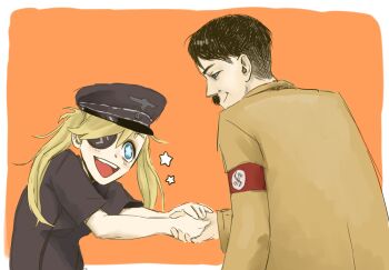  1boy 1girl adolf_hitler armband blonde_hair blue_eyes eyepatch facial_hair handshake hat mustache nazi open_mouth peaked_cap swastika  rating:Sensitive score:24 user:usernam