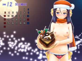  1girl 2006 averting_eyes black_hair black_panties blue_eyes blush bow cake calendar_(medium) chocolate_cake christmas closed_mouth collarbone cowboy_shot december embarrassed food full_moon fur-trimmed_headwear fur-trimmed_panties fur-trimmed_scarf fur_trim hair_between_eyes hair_bow hat heart heart-shaped_cake heart-shaped_food holding holding_cake holding_food holding_plate holly long_hair moon multicolored_panties navel night nipples nyaou_(round_facer) original panties plate red_hat red_panties red_ribbon red_scarf ribbon santa_hat scarf side-tie_panties solo standing topless_female underwear yellow_bow 