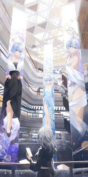  2girls absurdres alternate_costume arms_up bare_shoulders black_skirt blue_hair cellphone chinese_commentary closed_mouth commentary_request face_jewel from_behind grey_hair hair_between_eyes halo hand_on_own_hip head_wings highres holding holding_phone honkai:_star_rail honkai_(series) indoors jewel_under_eye long_skirt long_sleeves multiple_girls phone robin_(honkai:_star_rail) shirt skirt smartphone stelle_(honkai:_star_rail) swkl:d trailblazer_(honkai:_star_rail) white_shirt white_wings wings 