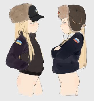  2girls black_jacket blonde_hair blue_eyes blush bomber_jacket bottomless closed_mouth cropped_legs crossed_arms from_side fur_hat fur_trim green_eyes grey_background hands_in_pockets hat jacket loli long_hair long_sleeves multiple_girls multiple_views okymir original rivalry russian_flag russo-ukrainian_war simple_background ukrainian_flag ushanka  rating:Explicit score:150 user:CunnyInc