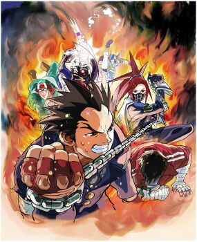  2girls 5boys ;d black_gloves black_hair blonde_hair blue_shorts blue_vest border brown_eyes brown_hair camera camera_flash capelet chain clenched_teeth collared_shirt covered_eyes down_vest edaki_shin'ya edge_(justice_gakuen) eyewear_on_head fighting fingerless_gloves fire forked_eyebrows gakuran game_cg gloves goggles hands_on_ground headband hibiki_ran high_collar highres holding holding_camera ichimonji_batsu jacket justice_gakuen kicking knee_up long_hair long_sleeves mask moero!_justice_gakuen mouth_mask multiple_boys multiple_girls namikawa_nagare nekketsu_hayato non-web_source official_art on_ground one_eye_closed open_clothes open_jacket open_mouth open_vest pectorals ponytail purple_headband red_hair roberto_miura scar scar_on_face scar_on_forehead school_uniform shirt short_hair shorts sleeves_rolled_up smile smoke smoke_trail soccer_uniform spandex spiked_hair sportswear striped_clothes striped_shirt sunglasses swim_cap swim_goggles teeth track_jacket vest visor_cap white_border white_capelet wrist_wrap zaki_(justice_gakuen) 