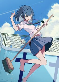  1girl air_guitar ben-day_dots blue_hair blue_skirt blue_sky blunt_bangs brand_name_imitation cellphone chain-link_fence cleaning cleaning_brush cleaning_pool closed_eyes cloud collared_shirt contrail dutch_angle earbuds earphones empty_pool fence foot_out_of_frame green_necktie green_trim hair_intakes haruwo highres holding holding_brush jumping listening_to_music medium_hair midair necktie open_mouth original outdoors phone pleated_skirt pocari_sweat pool pool_ladder school_uniform screentones shade shadow shirt short_sleeves skirt sky smartphone solo sweat swept_bangs white_shirt 