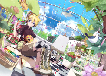  1boy animal argyle_clothes argyle_thighhighs art_brush blonde_hair blue_eyes boots checkered_clothes checkered_legwear clothes flower headphones hekicha highres kagamine_len male_focus over-kneehighs paint paintbrush painting_(action) paint_palette patterned_legwear ponytail short_hair shorts sky solo surreal thighhighs tree vocaloid whale  rating:Sensitive score:10 user:danbooru