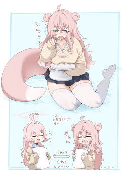  2girls :d =_= absurdres ahoge arrow_(symbol) artist_name black_choker black_skirt blue_archive blush borrowed_design breasts choker cleavage closed_eyes collarbone collared_shirt commentary_request crossover dress_shirt fang gen_1_pokemon gyaru gyaru_slowpoke_(shin_no_tenpii) halo highres holding holding_pillow hoshino_(blue_archive) kogal large_breasts long_hair long_sleeves look-alike miniskirt multiple_girls multiple_views nintendo no_shoes open_mouth personification pillow pink_hair pink_halo pleated_skirt pokemon pokemon_tail school_uniform shirt signature sitting skirt slowpoke smile squeans suecovsky sweater tail thighhighs translation_request white_shirt white_thighhighs yawning yellow_sweater yokozuwari zettai_ryouiki 