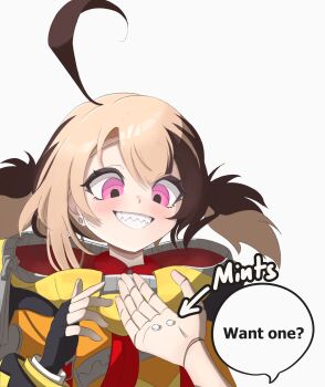  ahoge brown_hair cecilia_immergreen commentary earrings english_commentary gigi_murin gigi_murin_(1st_costume) gloves highres hololive hololive_english hood hoodie jewelry mint multicolored_hair multiple_girls pink_eyes smile squaerart stud_earrings teeth twintails two-tone_hair virtual_youtuber 