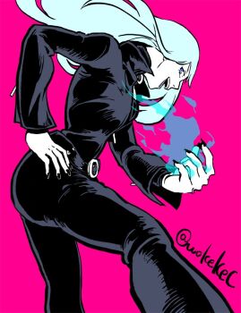  1girl belt black_belt black_lips black_nails blue_eyes blue_fire blue_hair bodysuit colored_skin commentary_request devil_summoner:_soul_hackers devil_summoner_(series) fire grin hand_on_own_hip lipstick long_hair looking_at_viewer makeup nail_polish nemissa open_mouth pink_background pyrokinesis simple_background smile solo twitter_username white_skin wokekec 