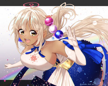 1girl blonde_hair breasts commentary dress elbow_gloves gloves hair_ornament highres hololive hololive_english large_breasts limiter_(tsukumo_sana) looking_at_viewer open_mouth planet_hair_ornament smile solo tsukumo_sana tsukumo_sana_(1st_costume) twintails u_da_desu virtual_youtuber white_dress white_gloves yellow_eyes 