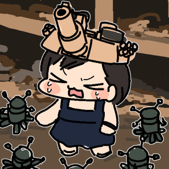  1girl battlefield_(series) battlefield_6 black_hair blue_dress blush_stickers bracelet chibi closed_eyes commentary crying_kid_with_dinosaurs_(meme) dress explosive hat jazz_jack jewelry lowres meme mine_(weapon) motion_sensor_mine open_mouth photo-referenced solo tank_turret 