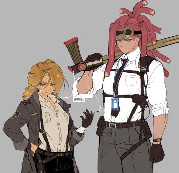  1boy 1girl arm_at_side bandaged_arm bandages belt between_fingers black_belt black_gloves black_jacket black_necktie black_pants breasts brown_belt brown_eyes brown_hair buttons cigarette closed_mouth collared_shirt commentary cookie_run cookie_run:_ovenbreak cowboy_shot croissant_cookie croissant_cookie_(director_of_the_tbd) curtained_hair dark-skinned_female dark-skinned_male dark_skin dreadlocks drill_hair drill_ponytail eyes_visible_through_hair frown gloves goggles goggles_on_head grey_background grey_pants grey_shirt gun hair_behind_ear hair_between_eyes hair_over_one_eye half-closed_eyes hand_on_own_hip hand_up height_difference high_ponytail highres holding holding_cigarette holding_gun holding_weapon humanization jacket lanyard long_hair long_sleeves looking_at_viewer low_ponytail necktie official_alternate_hair_length official_alternate_hairstyle ohta_guk_hip open_clothes open_jacket over_shoulder pants ponytail purple_eyes red_hair scar scar_across_eyes scar_on_chest shirt shirt_tucked_in simple_background small_breasts smoke standing string_gummy_cookie suspenders thick_eyebrows three-quarter_sleeves v-shaped_eyebrows watch weapon weapon_over_shoulder white_shirt wristwatch 