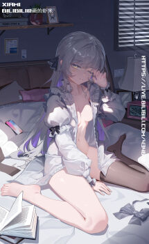  1girl absurdres black_thighhighs book bow bowtie breasts cellphone closed_mouth green_hair grey_bow grey_bowtie highres huade_xiami indoors long_hair long_sleeves looking_at_viewer navel no_bra no_panties on_bed one_eye_closed open_book open_clothes original phone single_bare_foot single_thighhigh sitting sleepy smartphone solo stomach thighhighs unworn_bowtie unworn_thighhighs waking_up wariza yellow_eyes 