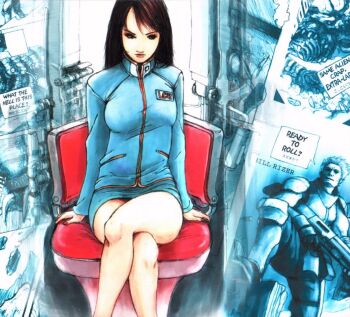  1boy 1girl alien android armor bill_rizer brown_hair contra contra:_shattered_soldier crossed_legs gun konami legs long_hair lucia_(contra) military military_uniform miniskirt monster official_art raglan_sleeves rifle shirt shotgun sitting skirt taut_clothes taut_shirt weapon 