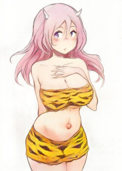  1girl abstract_background animal_print bare_arms bare_shoulders belly blush breasts closed_mouth collarbone commentary_request demon_horns hand_on_own_chest horns ishikawa_hiroji japanese_mythology large_breasts looking_at_viewer medium_hair midriff miniskirt oni original outie_navel pink_hair purple_eyes skirt solo solo_focus tall_female thighs tiger_print tiger_print_bikini white_background white_horns 