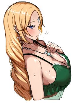  1girl alternate_costume bare_shoulders blonde_hair blue_eyes braid breasts cleavage collarbone commentary cropped_arm cropped_torso cross cross_earrings cross_facial_mark cross_necklace earrings facial_mark forehead frilled_negligee from_side gizza_(k2warp) goddess_of_victory:_nikke green_negligee hand_on_own_chest hand_up highres jewelry large_breasts light_blush lingerie long_braid long_hair looking_at_viewer necklace negligee notice_lines parted_lips rapunzel_(nikke) rapunzel_(pure_grace)_(nikke) sideboob sideways_glance simple_background solo sweat swept_bangs underwear white_background 