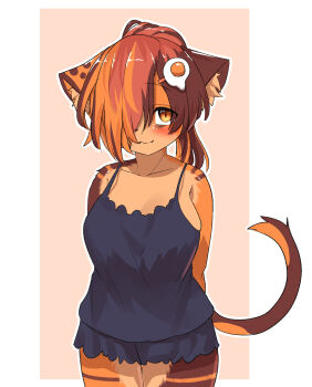  1girl :3 alternate_hairstyle animal_ear_fluff arms_behind_back blue_chemise blush border breasts brown_eyes brown_fur cat chemise closed_mouth collarbone commentary_request cowboy_shot egg_hair_ornament food-themed_hair_ornament frilled_chemise furry furry_female hair_ornament hair_over_face hair_over_one_eye highres kagarimachi_konatsu large_breasts looking_at_viewer multicolored_fur nekotsuki_kohime_(kagarimachi_konatsu) orange_fur orange_hair original outline pink_background short_hair simple_background slit_pupils smile solo striped_fur white_border white_outline 