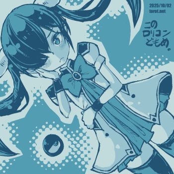  1girl angel_wing_uniform animal_ears backbeako_(torotei) backbeard blue_background blue_theme blush bow bowtie bracelet brooch commentary_request cosplay dated dated_commentary dress dutch_angle galaxy_angel gegege_no_kitarou hair_over_one_eye hand_on_own_cheek hand_on_own_face jewelry kono_lolicon_domome long_hair looking_at_viewer mint_blancmanche mint_blancmanche_(cosplay) monochrome one_eye_closed original paid_reward_available pointy_ears puffy_short_sleeves puffy_sleeves short_sleeves simple_background skirt solo thighhighs torotei translated twintails very_long_hair watermark web_address zettai_ryouiki 