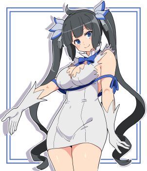  1girl arm_at_side black_hair blue_bow blue_bowtie blue_eyes blue_ribbon blush_stickers bow bowtie breasts commentary cowboy_shot dress dungeon_ni_deai_wo_motomeru_no_wa_machigatteiru_darou_ka gloves hair_ribbon hestia_(danmachi) highres large_breasts long_hair looking_at_viewer noyama_takenoko rei_no_himo ribbon short_dress simple_background sleeveless sleeveless_dress smile solo twintails very_long_hair white_background white_dress white_gloves 